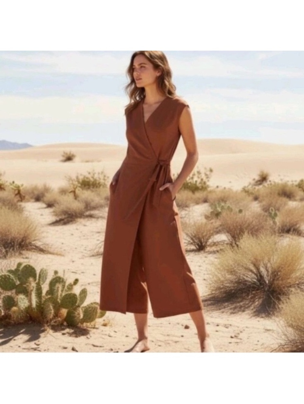 Eileen Fisher Wide Leg Wrap Stretch Crepe Jumpsuit Orange Rust Deep Pekoe